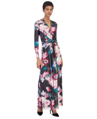 Petite Mesh Twist Front Floral Long-Sleeve Maxi Dress
