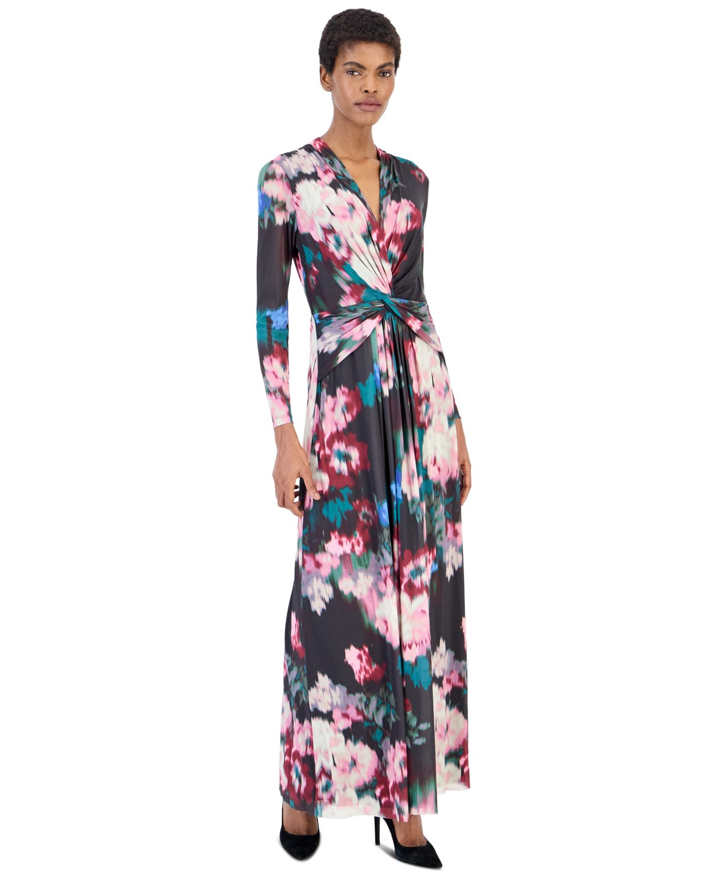 Женское платье Anne Klein Petite Twist Front Maxi Floral Long-Sleeve A-Line, цвет: Глубокий нефритовый — фото 1