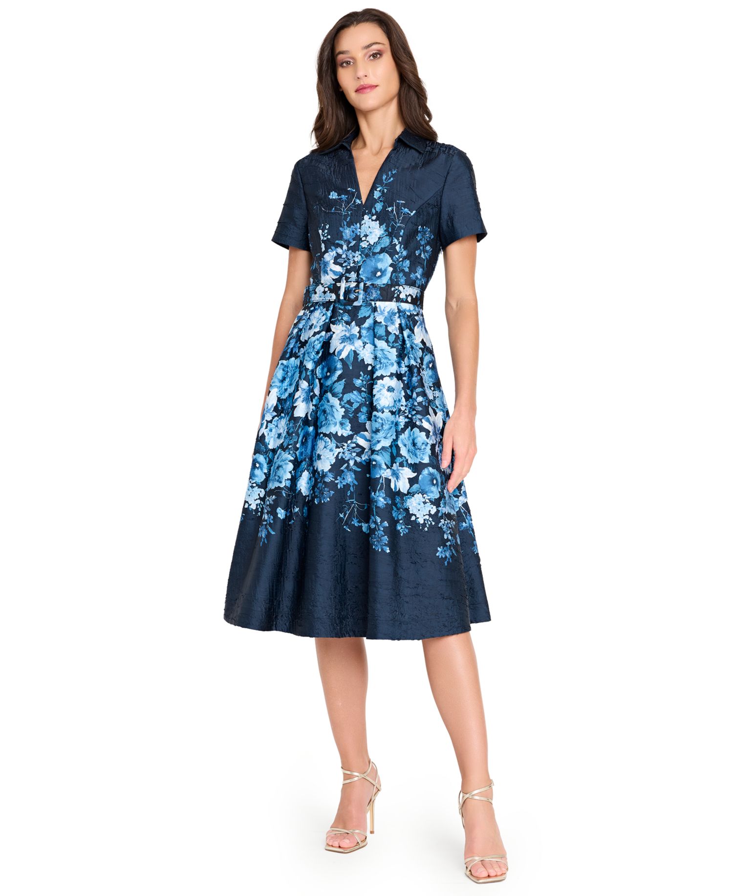 Women's Belted Floral-Print V-Neck Midi Dress