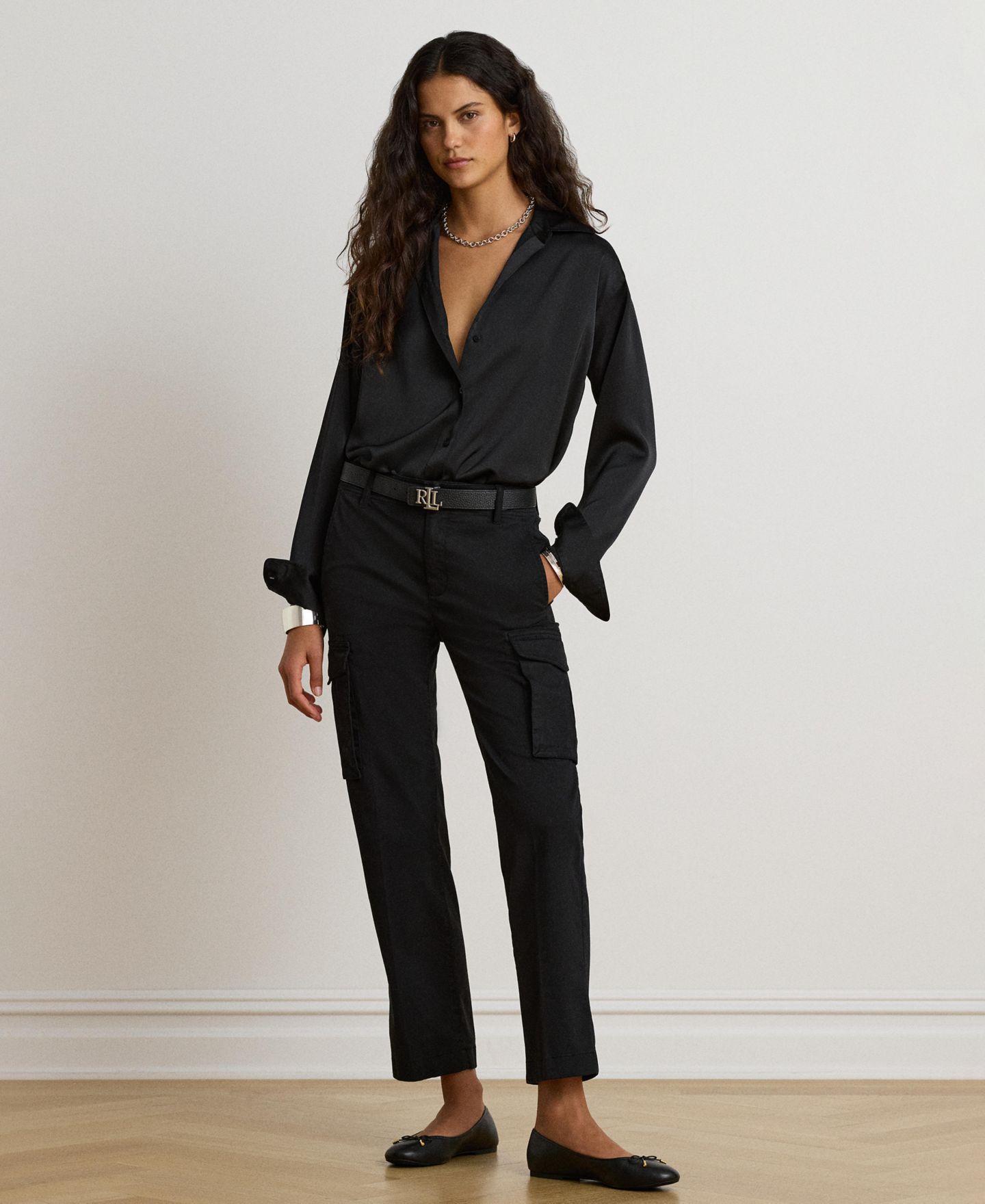 Женская блузка Lauren Ralph Lauren Satin Long-Sleeve Point-Collar, цвет: Чёрный — фото 2