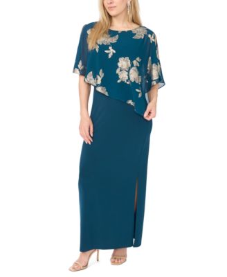Petite Metallic Floral-Print Crewneck Short-Sleeve Maxi Dress