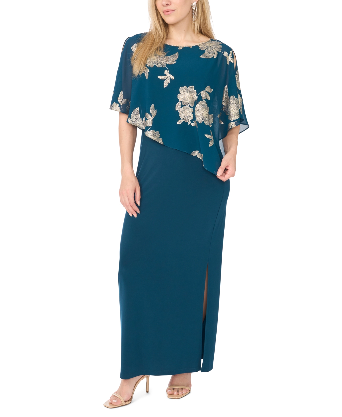 Msk Petite Metallic Floral-Print Crewneck Short-Sleeve Maxi Dress