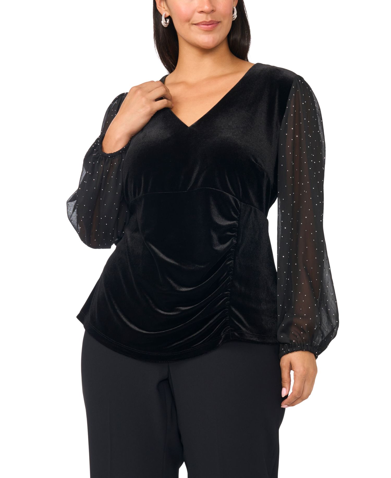 Plus Size Surplice Velvet Ruched Long-Sleeve Blouse