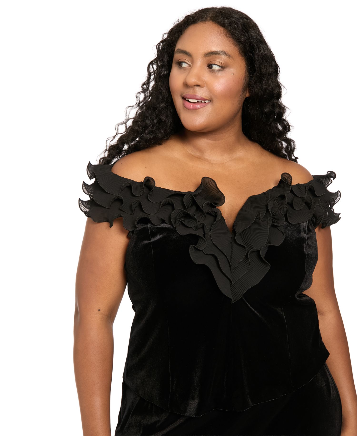 Plus Size Off-the-Shoulder Velvet Ruffle Blouse
