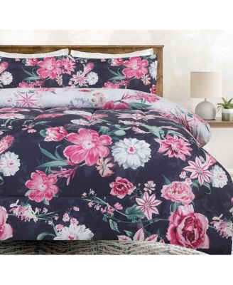 Premium Reversible Floral Comforter Set - Microfiber Botanical Bedding - 3 Piece Set with 1 Comforter and 2 Pillow Shams