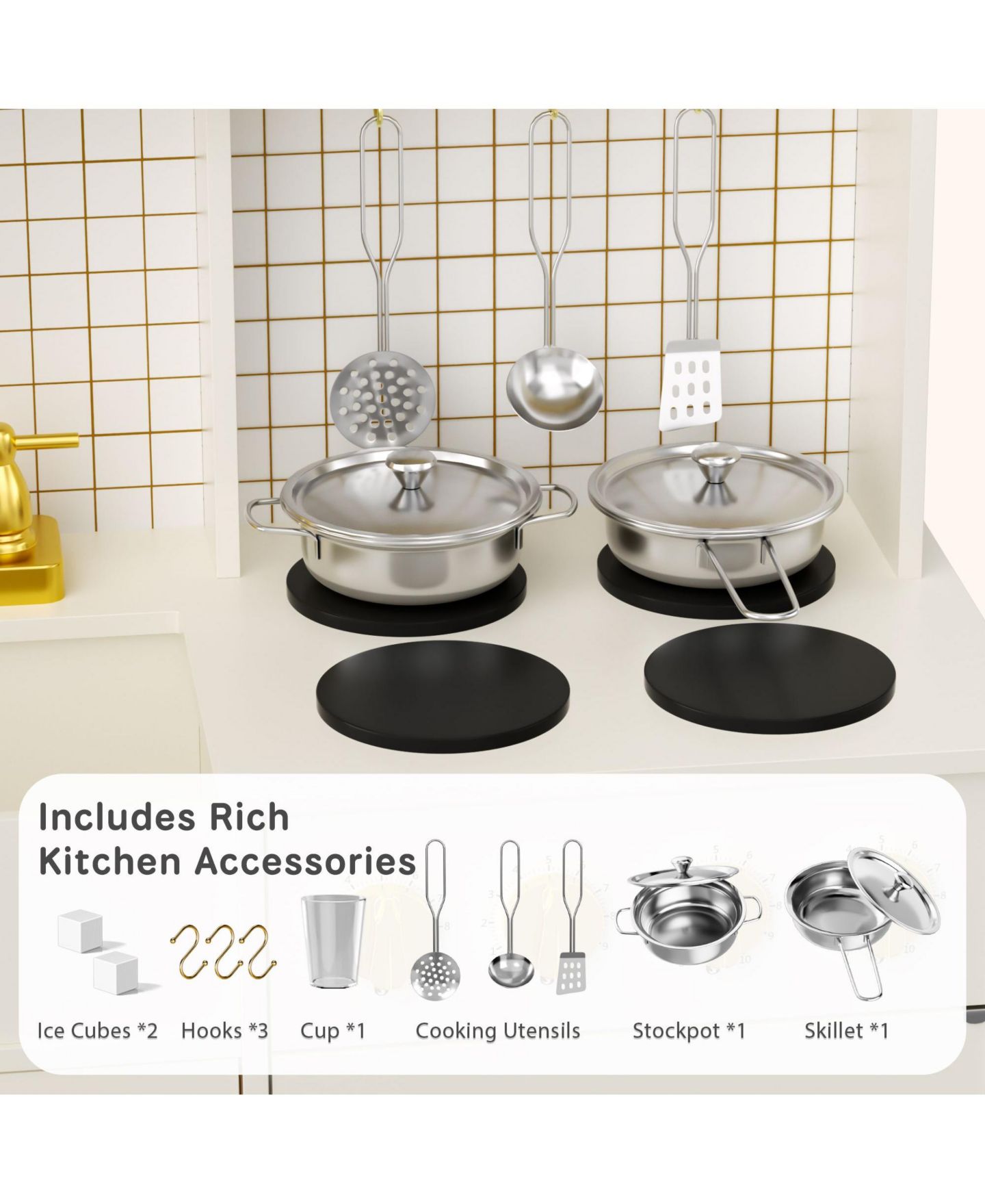 Детские игрушки Kinder King Kids Play Kitchen, Wooden Toy Kitchen Playset for Toddler, Pretend Oven, Microwave, Kitchen Sets for Age 3+, цвет: Бежевый / Хаки — фото 6