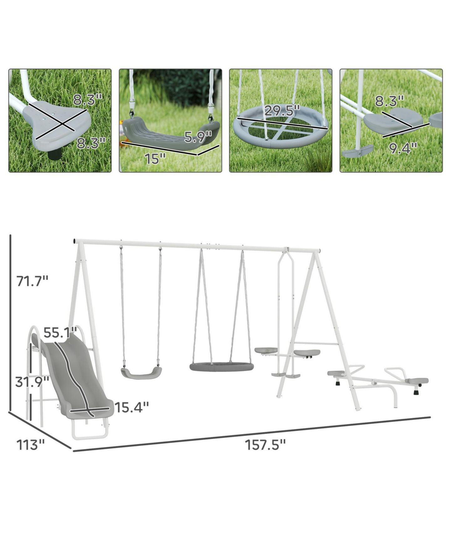 Детские игрушки Glintex 5-in-1 Kids Swing Set with Slide, Saucer Swing and Glider, цвет: Серый — фото 3