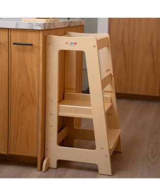 Montessori Toddler Tower Kitchen Wooden Helper Step Stool, Adjustable Toddler Steps with Safety Rail