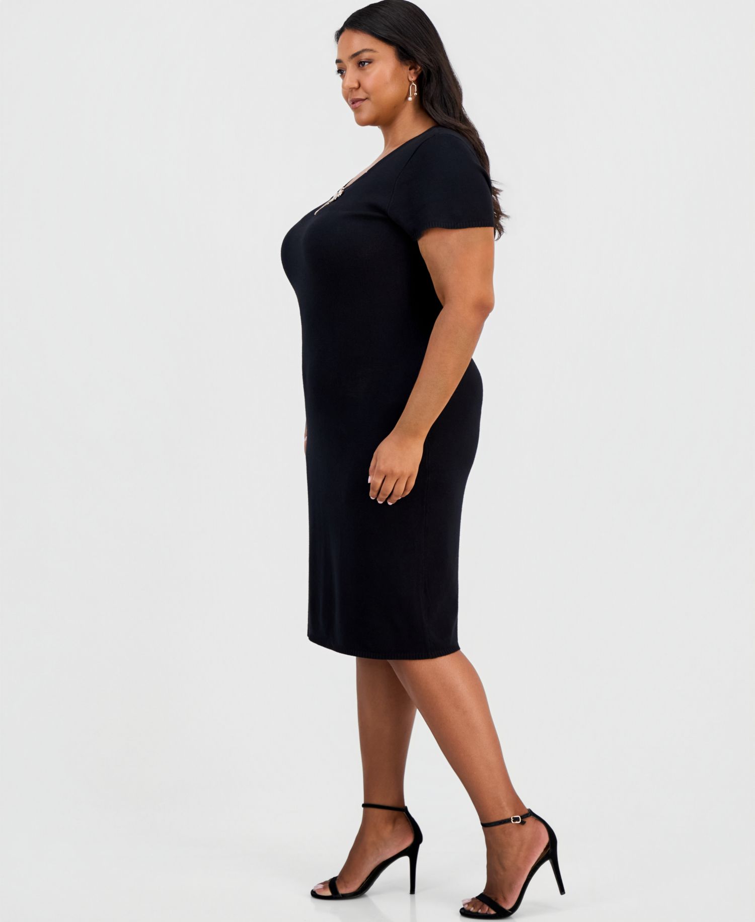 Plus Size Square Neck Short-Sleeve Hardware-Detail Midi Dress
