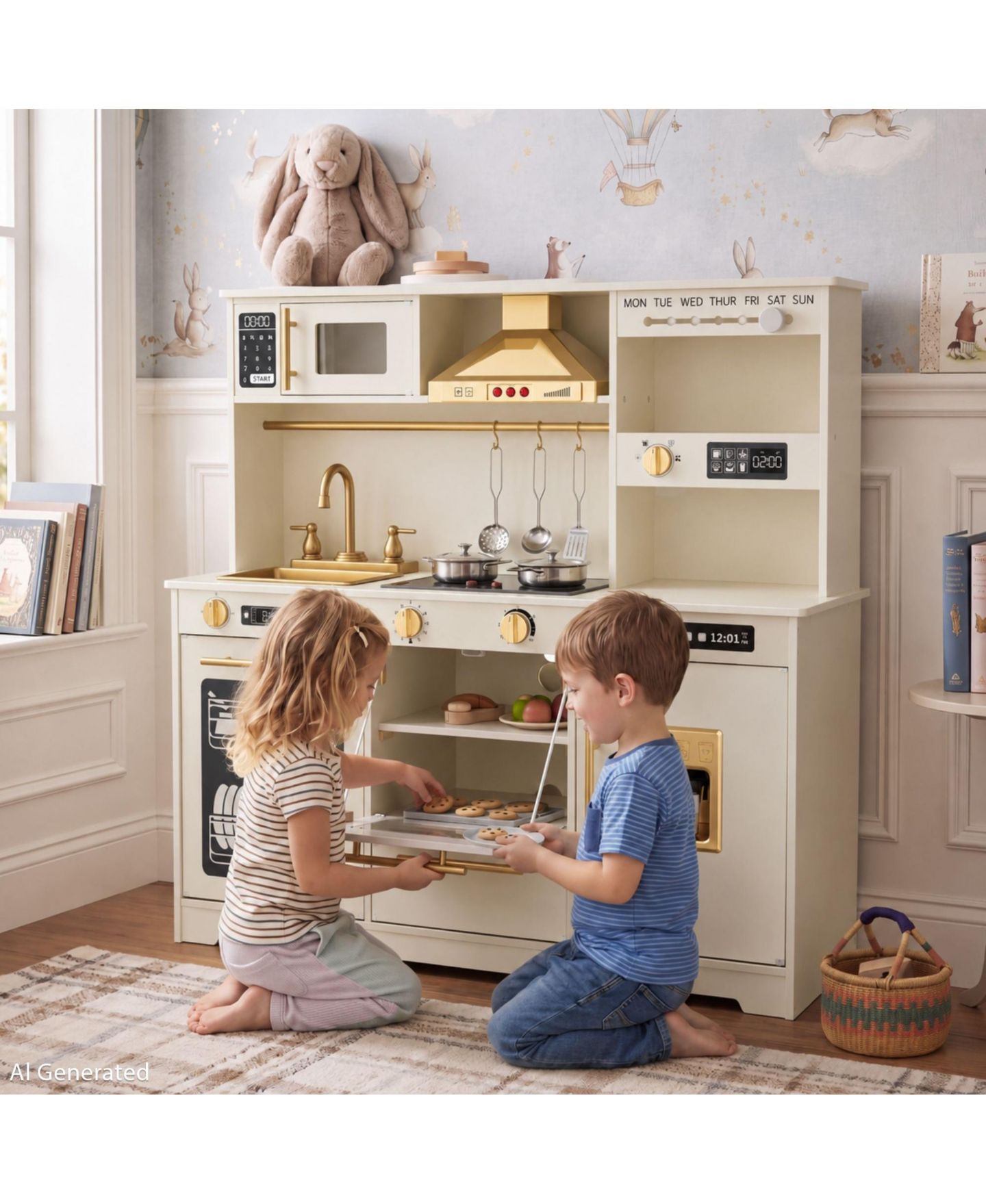 Детские игрушки Kinder King Kids Play Kitchen, Wooden Toy Kitchen Playset for Toddler, Pretend Oven, Microwave, Kitchen Sets for Age 3+, цвет: Бежевый / Хаки — фото 3