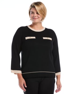 Plus Size Contrast-Trim Crewneck Sweater