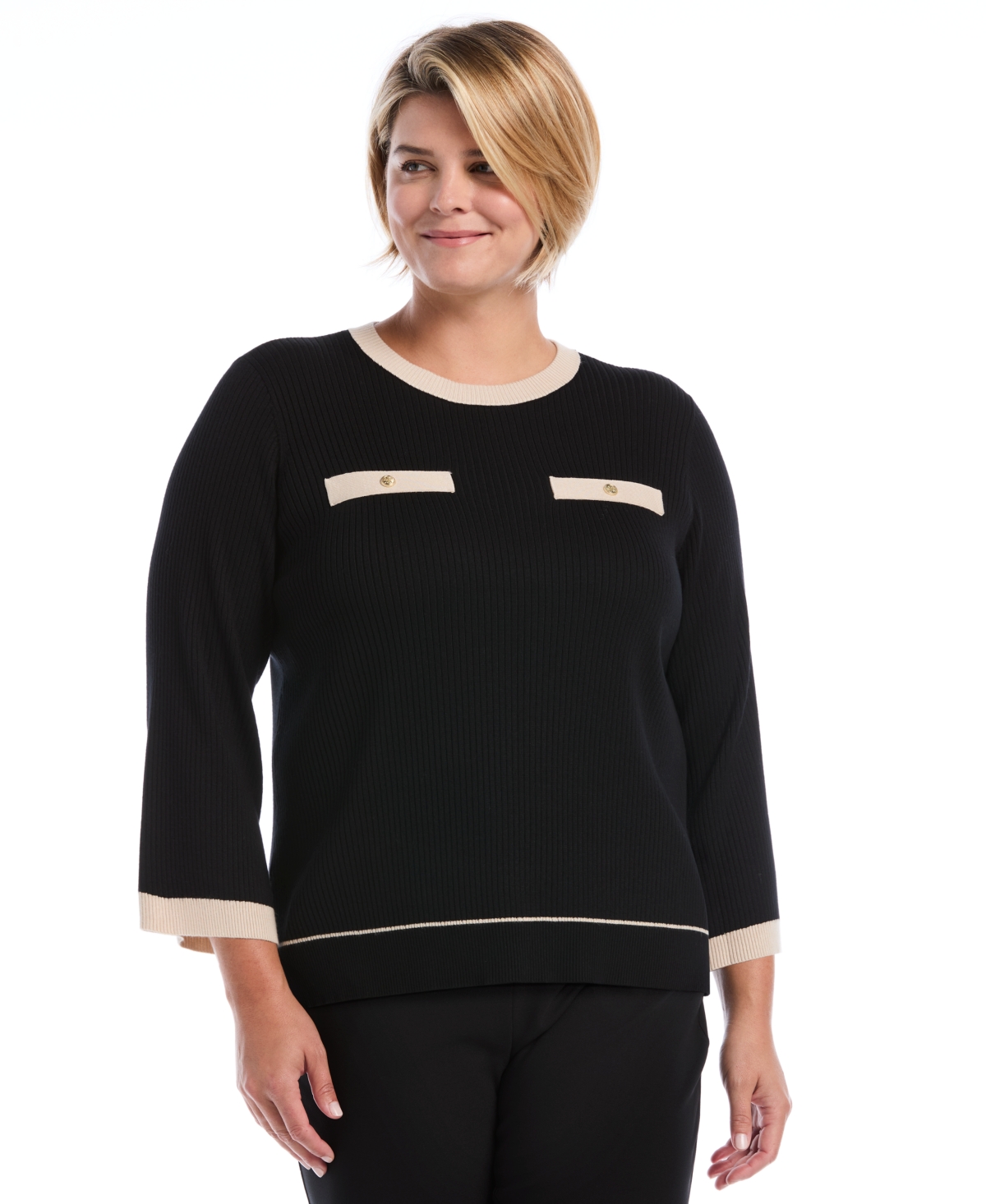 Rafaella Plus Contrast-Trim Crewneck Sweater