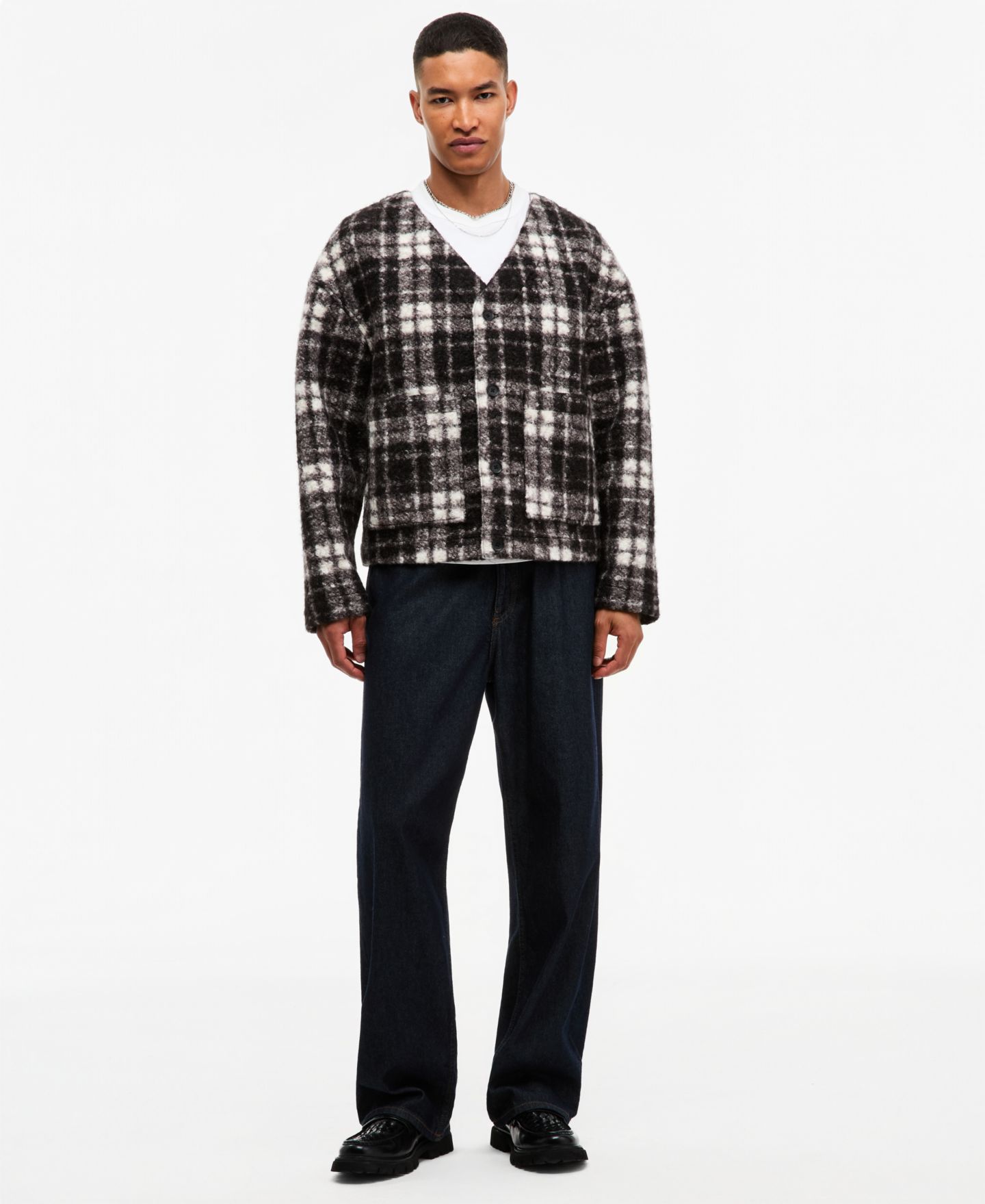 Мужской кардиган Mode of One Knit Plaid V-Neck, цвет: Глубокий чёрный — фото 2