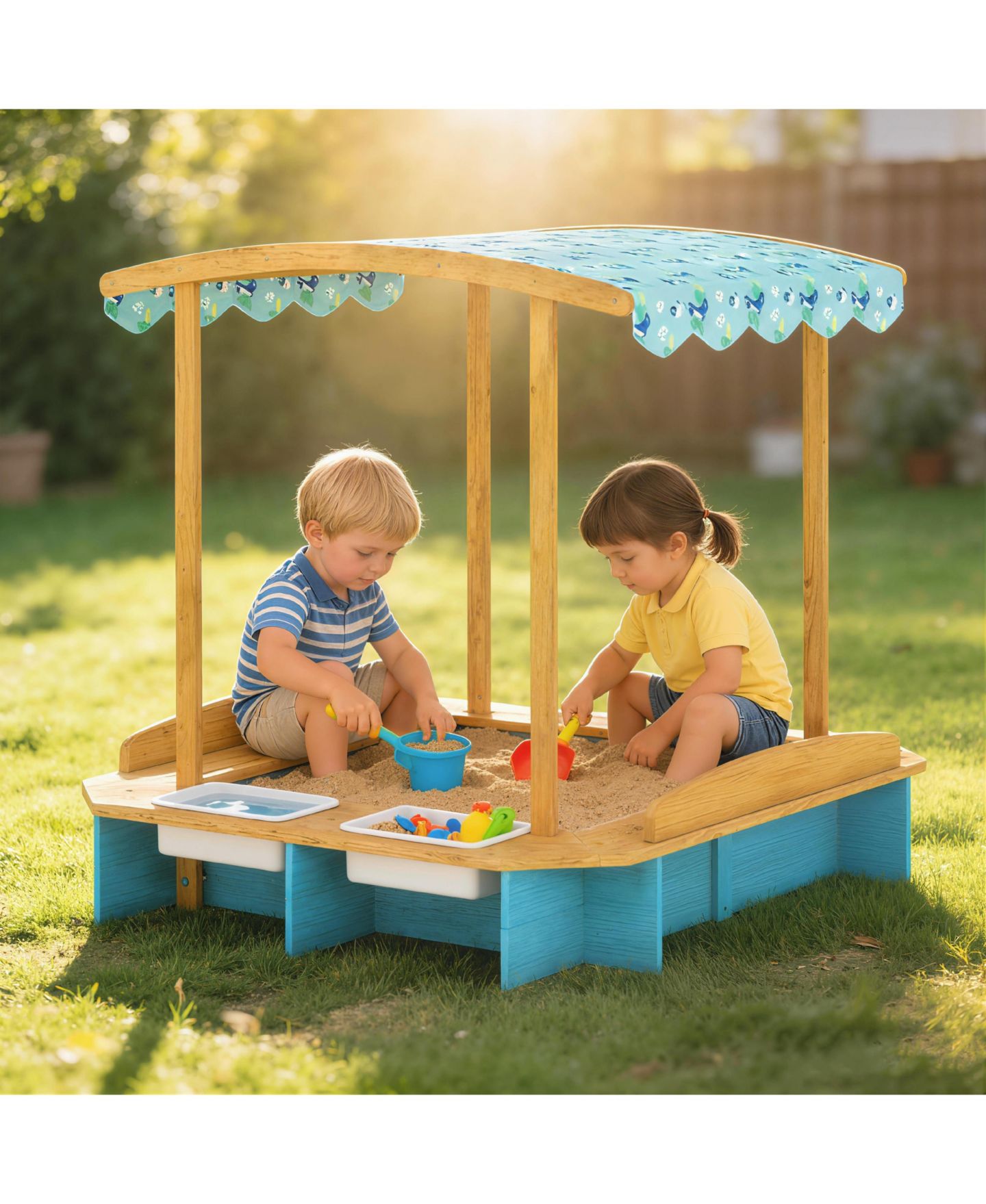 Детская игрушка Qaba Wooden Sandbox with Seating for Six & Dinosaur-Print Canopy, Storage, 440 lbs. Capacity, Ages 3-6, цвет: Синий — фото 8