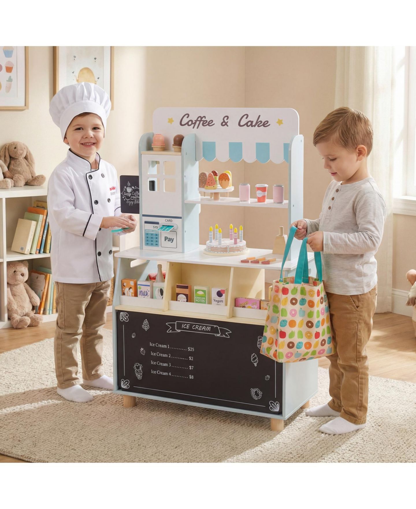Детский игровой набор Gymax Ice Cream Shop Wooden 27-Piece Playset, Ages 3+, цвет: Синий — фото 4