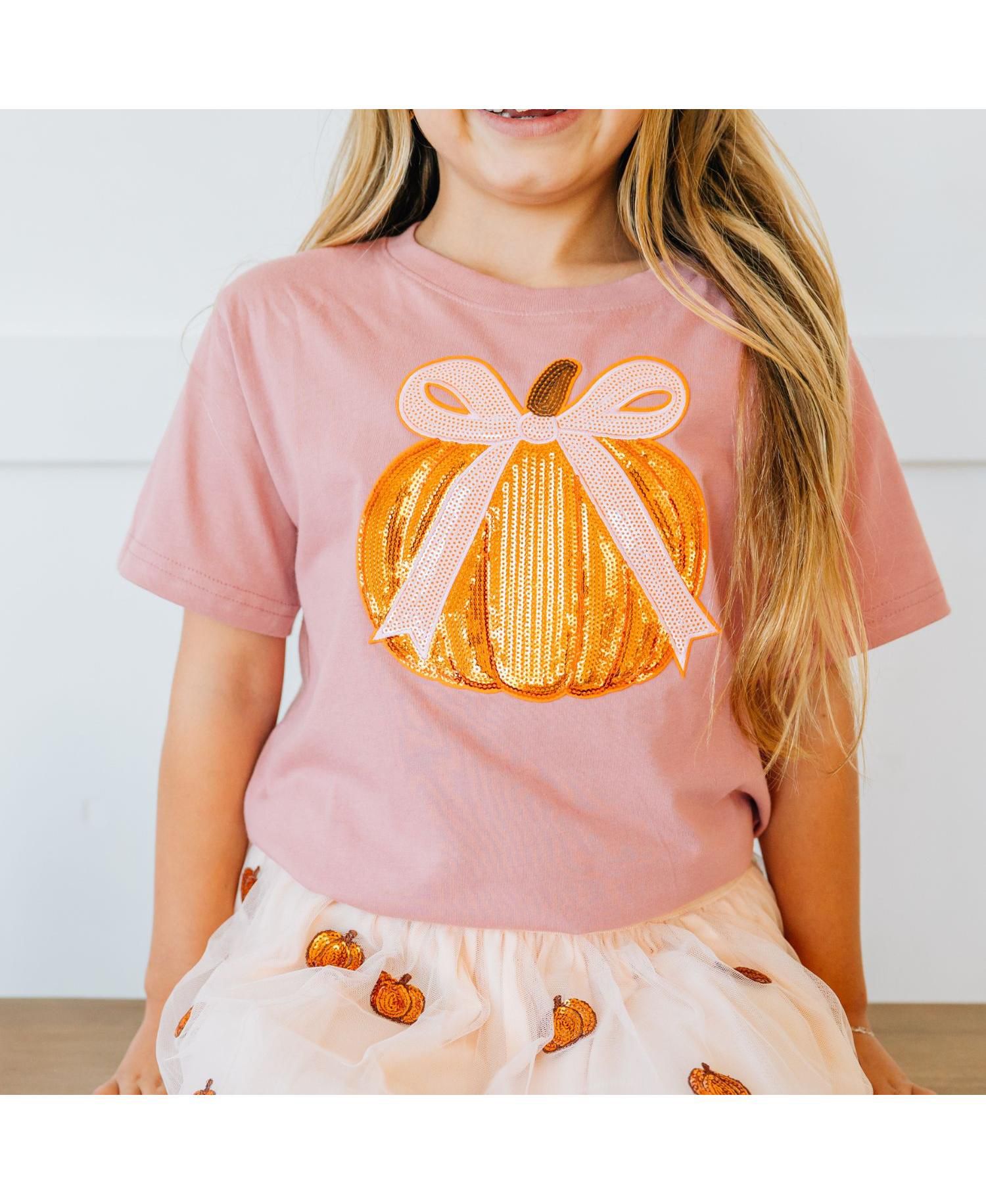 Big Girls Coquette Pumpkin Sequin Patch Short Sleeve T-Shirt