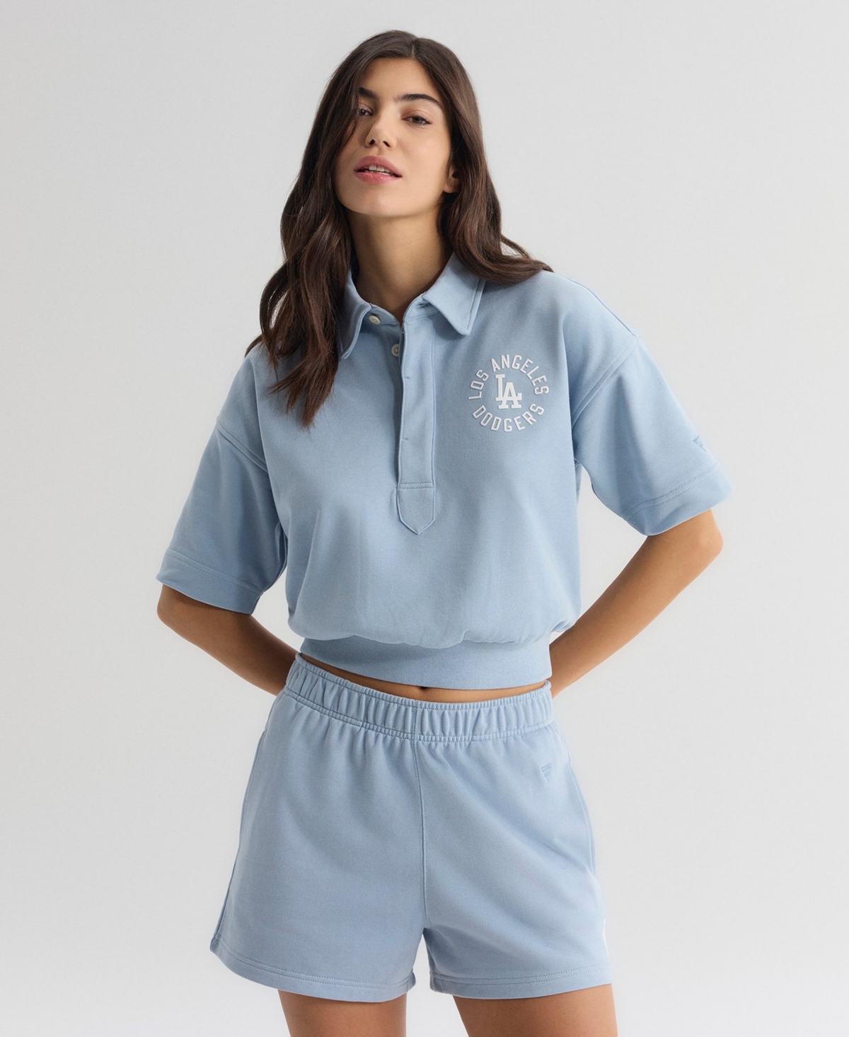 Fanatics Women's Los Angeles Dodgers Iconic Cropped Spread Collar Short-Sleeve Polo Sweatshirt