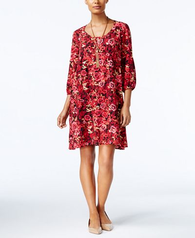 ECI Floral-Print Embroidered Shift Dress