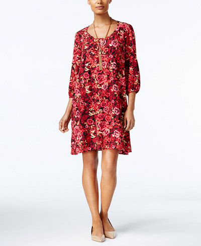 ECI Floral-Print Embroidered Shift Dress