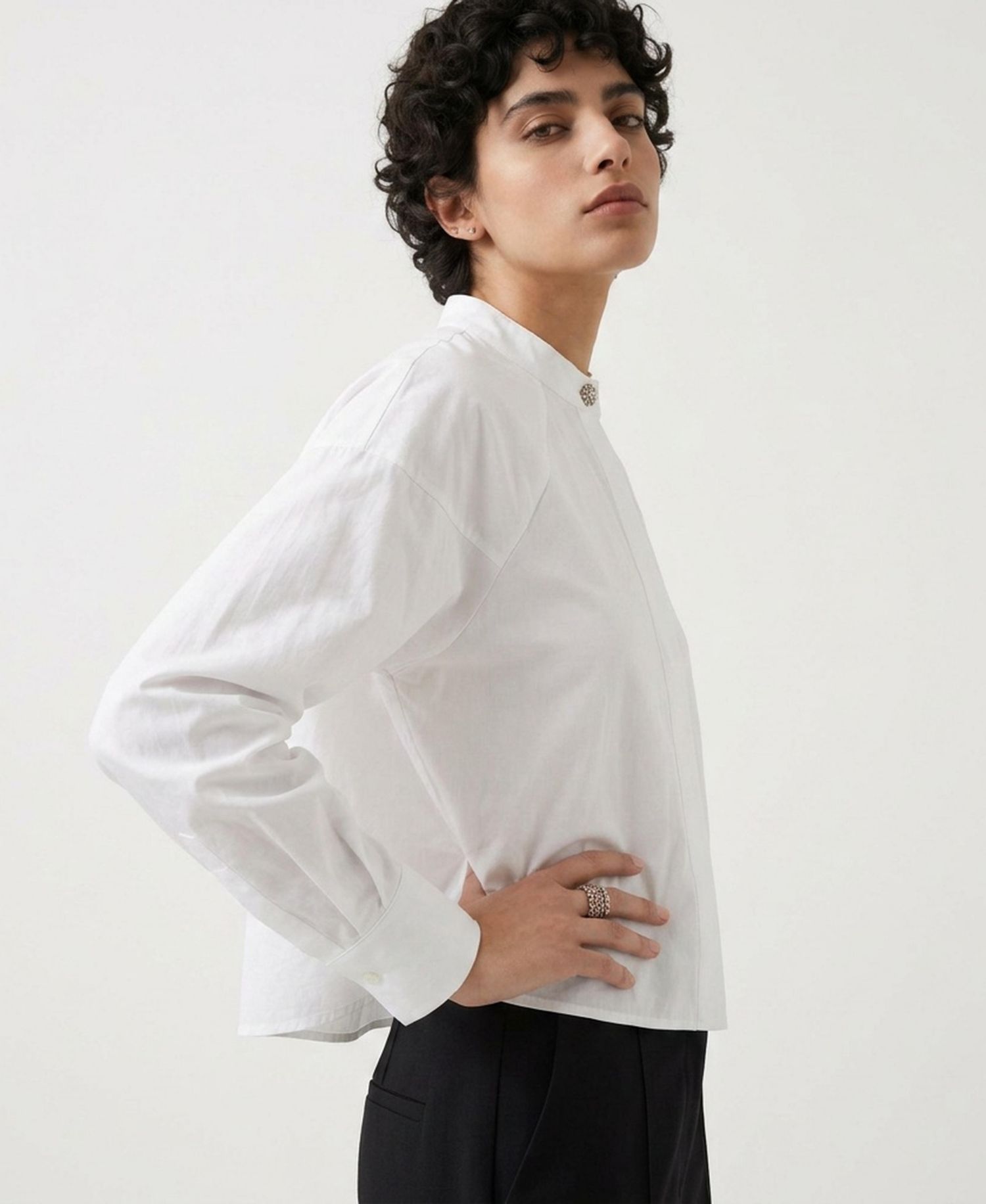 Women's Raglan Long-Sleeve Striped Band Collar Blouse