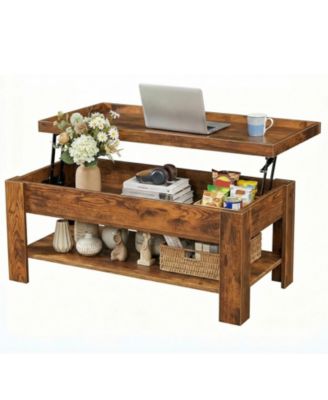Coffee Table with Hidden Storage, Modern Wood Center Table with Large Compartment and Shelf, Rising Desktop Dining Table for Living Room