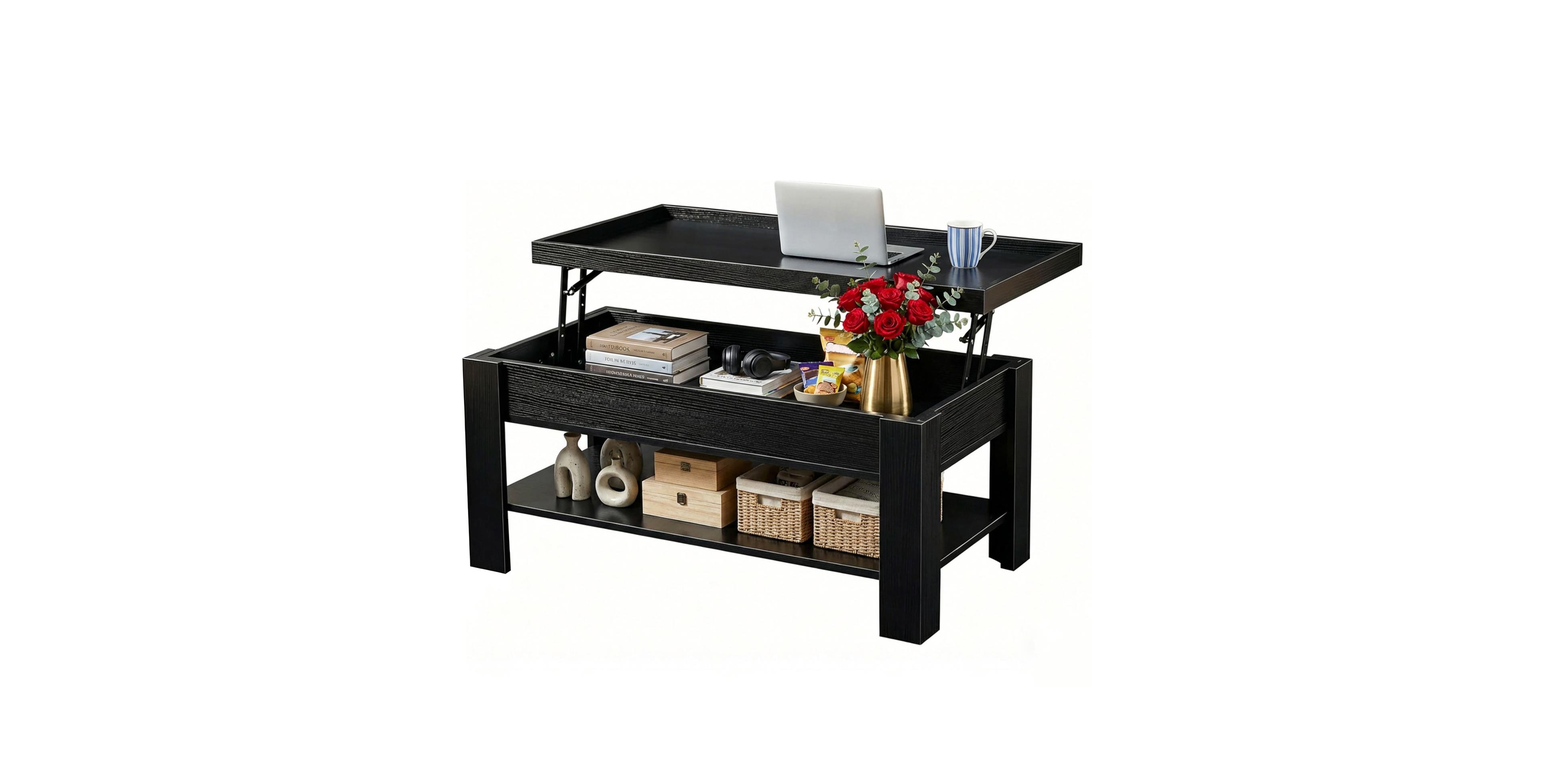 gaomon Coffee Table with Hidden Storage, Modern Wood Center Large Compartment and Shelf, Rising Desktop Dining for Living Room
