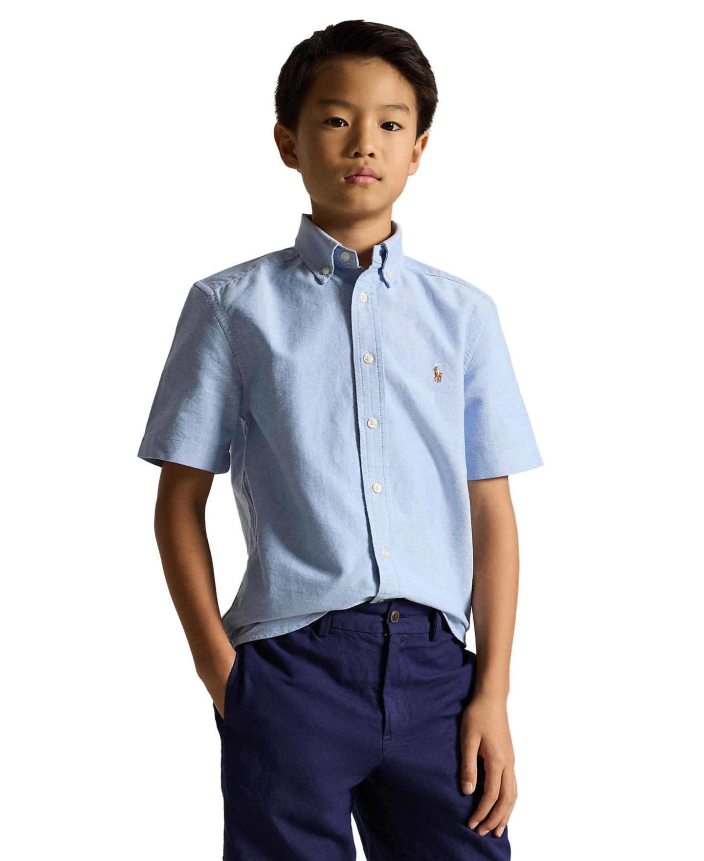 Рубашка Polo Ralph Lauren Cotton Oxford Short-Sleeve Shirt для мальчиков, цвет: Синий — фото 1