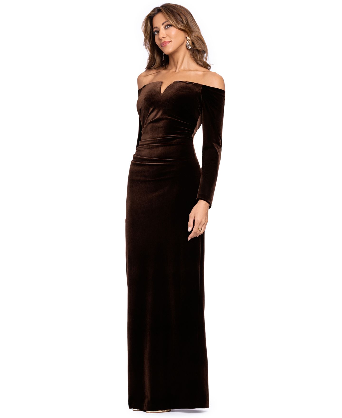 Женские платья XSCAPE Velvet Off-The-Shoulder Gown, цвет: Коричневый — фото 2