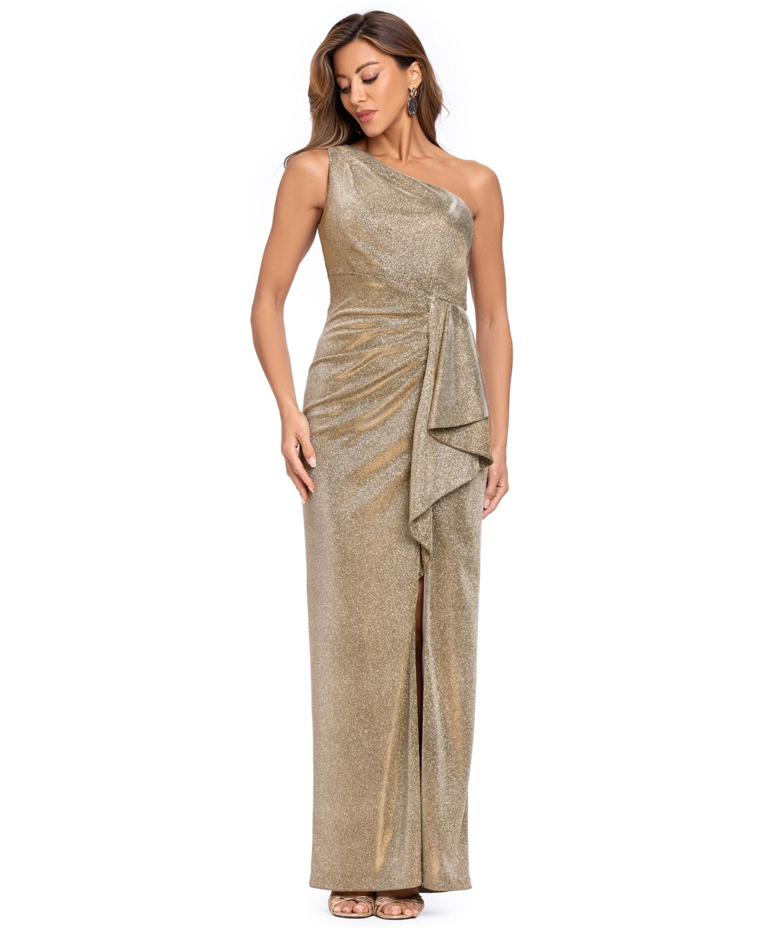 Women's Glitter One-Shoulder Front-Slit Gown
