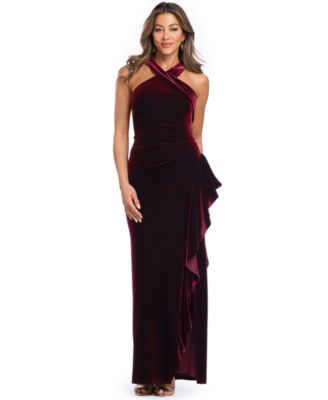 Women's Halter Velvet Side-Ruffle Gown
