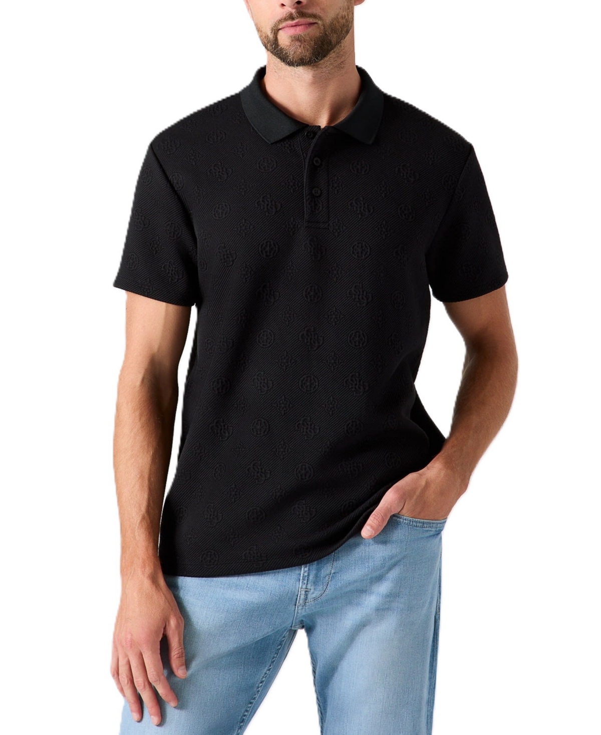Guess Men's All Over Twill Knit Short-Sleeve Regular-Fit Polo - Black