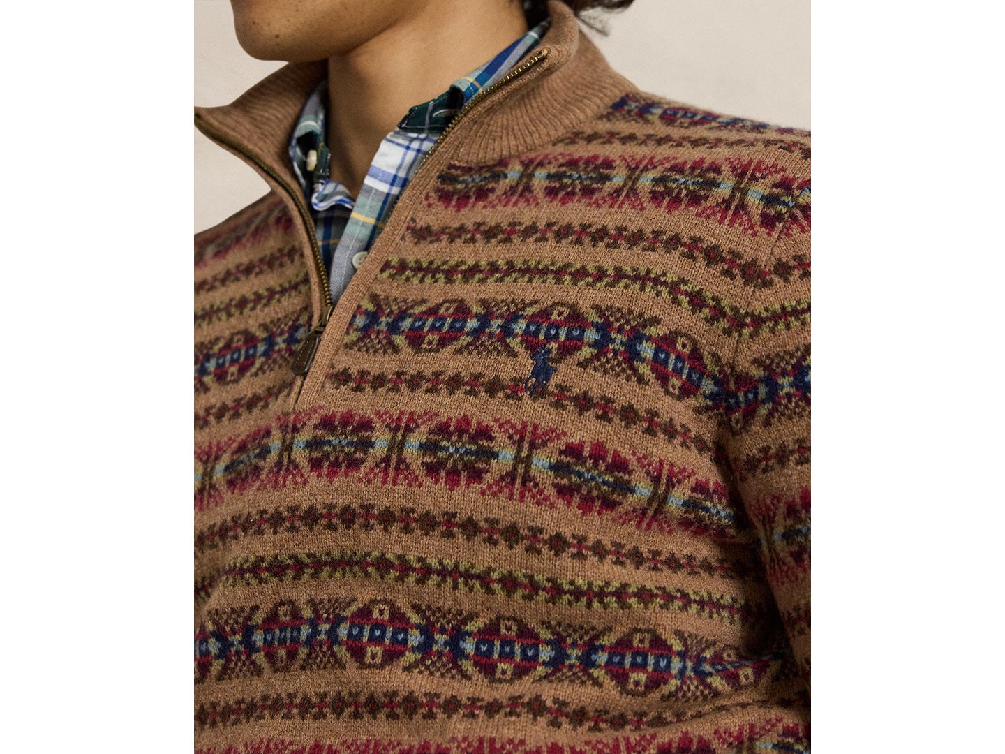 Мужской свитер Polo Ralph Lauren Fair Isle Wool Mockneck Quarter-Zip, цвет: Коричневый разноцветный — фото 3