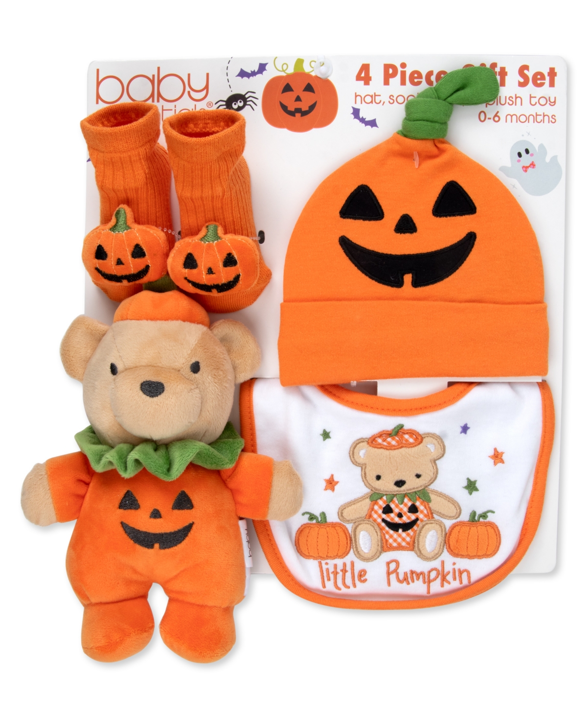 Baby Essentials Baby Boys' and Baby Girls' Halloween Bib, Hat, 3D Pumpkin Socks and Plush Bear, 4-Piece Set