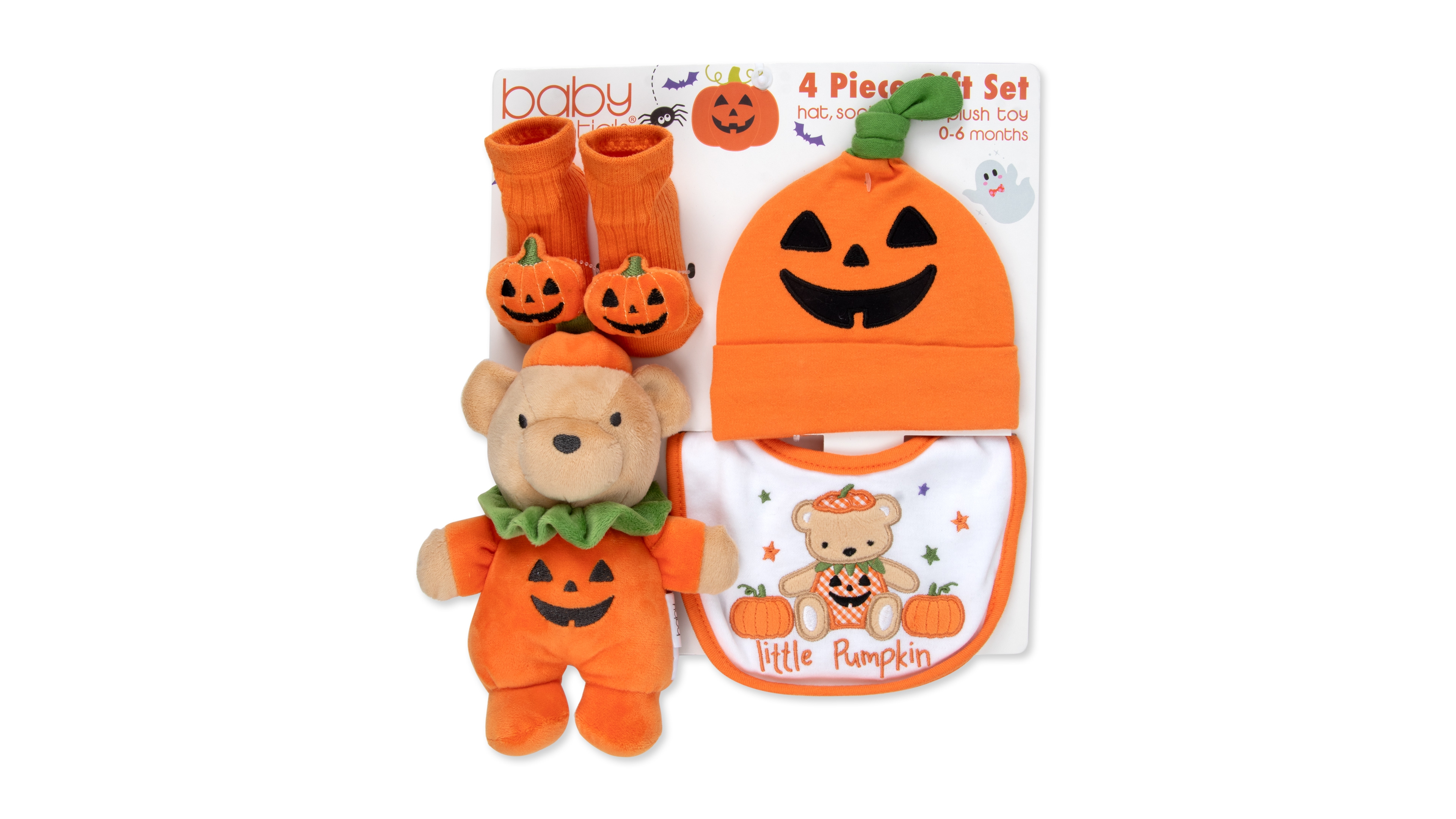 Baby Essentials Baby Boys' and Baby Girls' Halloween Bib, Hat, 3D Pumpkin Socks and Plush Bear, 4-Piece Set