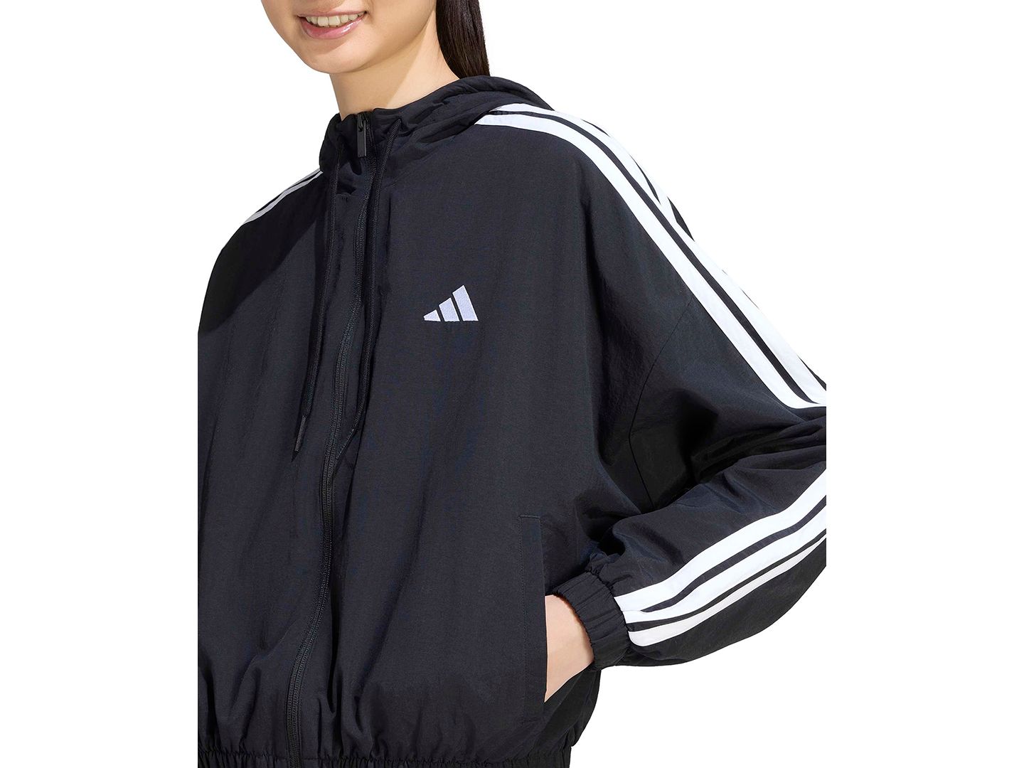 Женская куртка adidas Essentials 3-Stripes Hooded Loose-Fit Windbreaker, цвет: Чёрный / Белый — фото 4