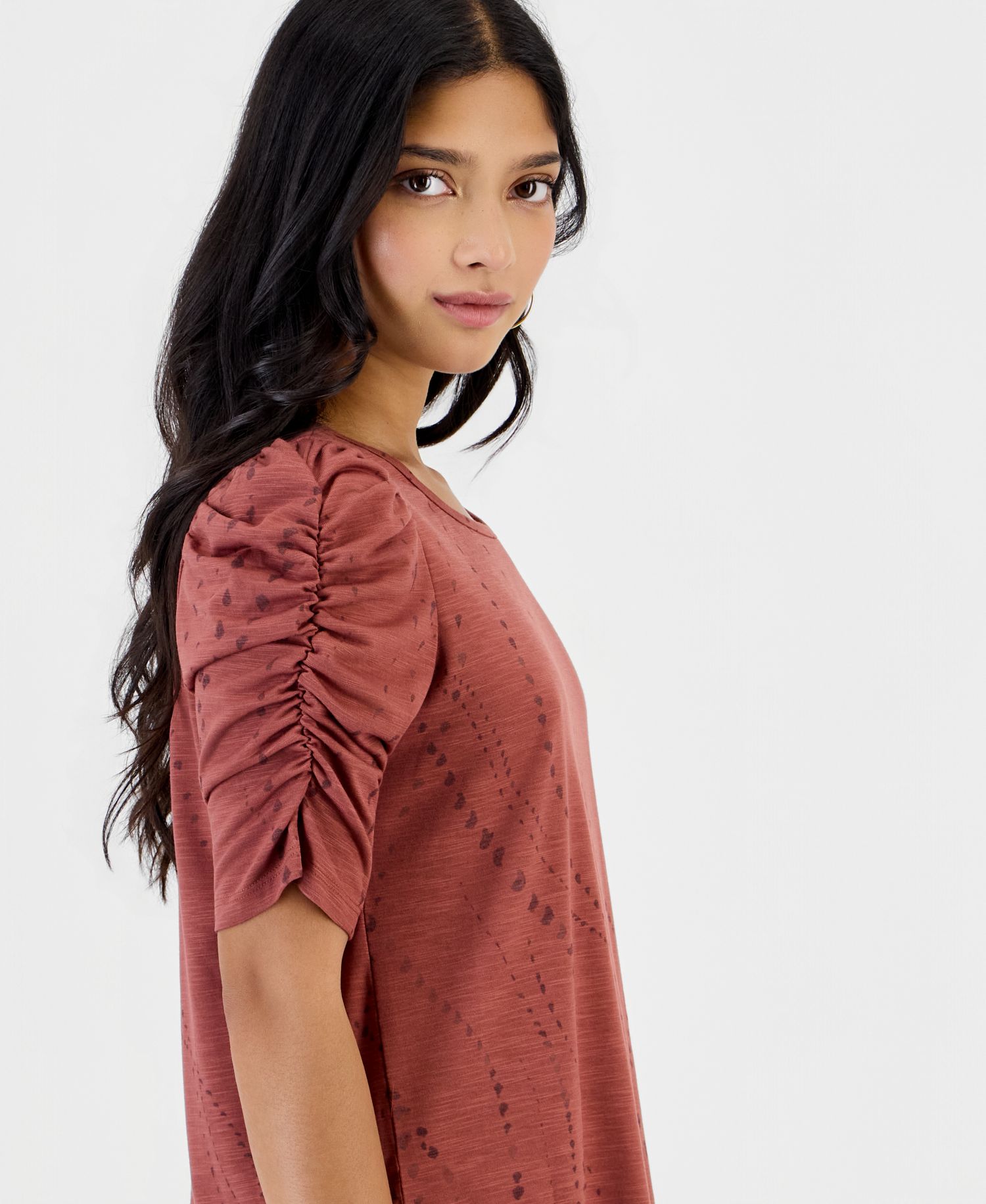 Petite Printed Ruched-Sleeve Scoop-Neck Top