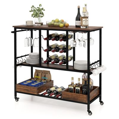 3-Tier Rolling Bar Cart with Glass Racks and Bottle Holders