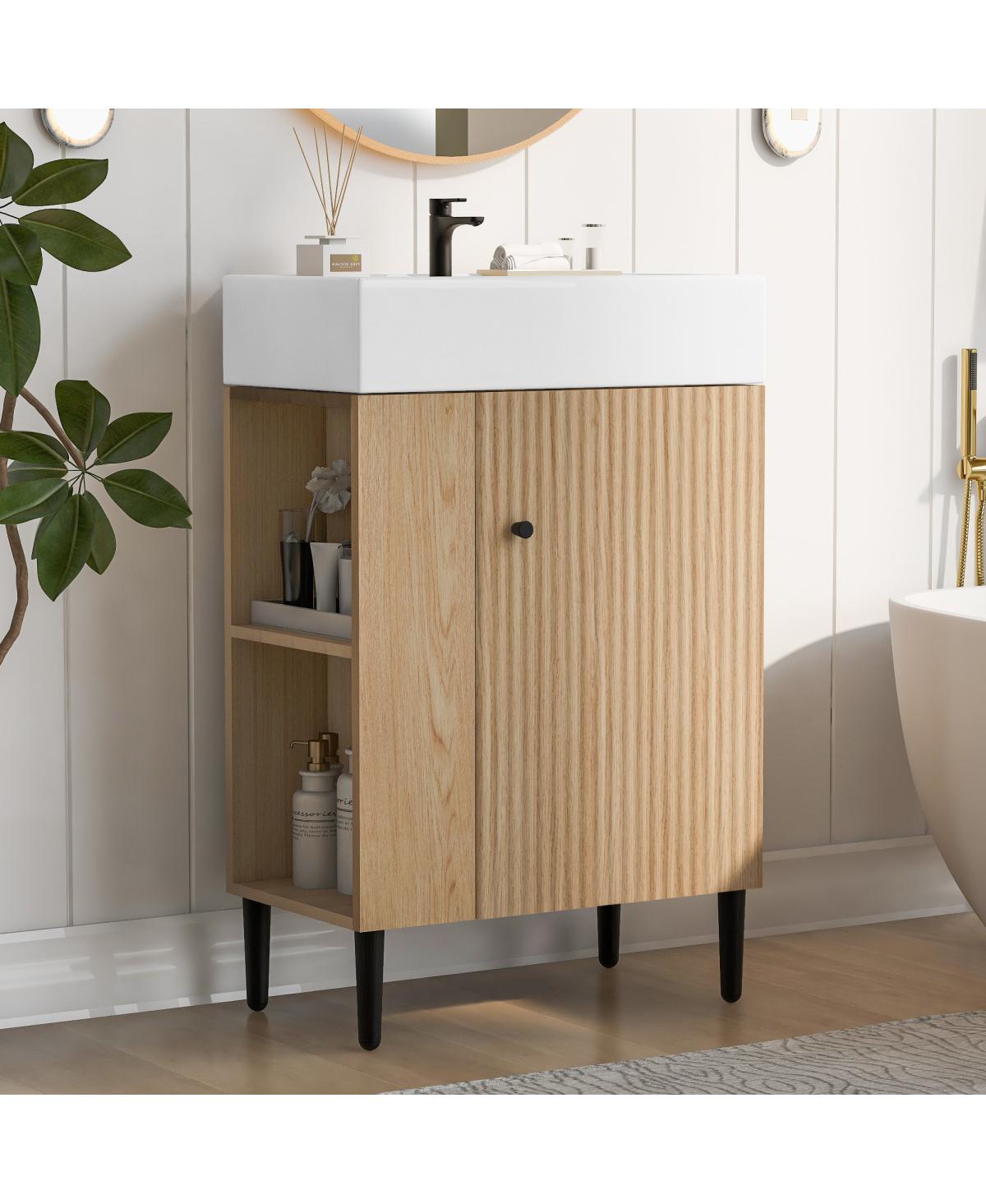 Sillysis 22" Modern Freestanding Bathroom Vanity with Ceramic Sink, Side Storage Cabinet, Soft Close Door for Small Spaces - Wood+left storage