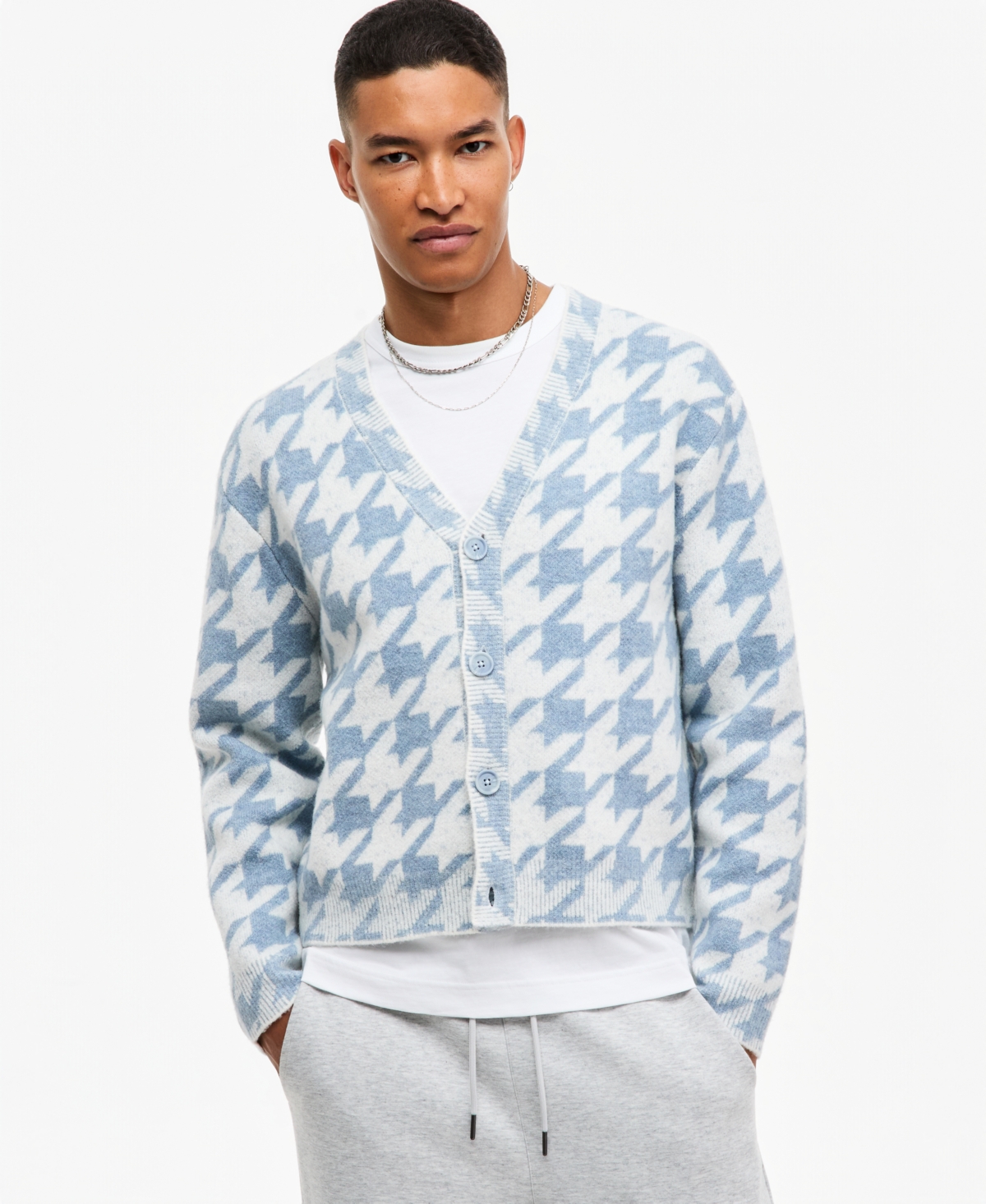 Mode of One Men's Houndstooth V-Neck Relaxed-Fit Cardigan Sweater, Macy's Exclusive