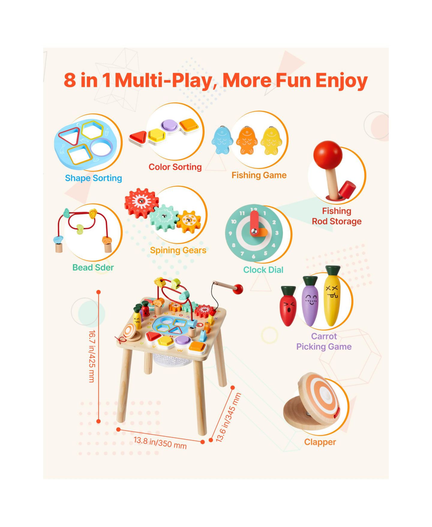 Детская игрушка SUGIFT 8-in-1 Shape Sorting Activity Table, Ages 6 Months+, цвет: Натуральный — фото 7