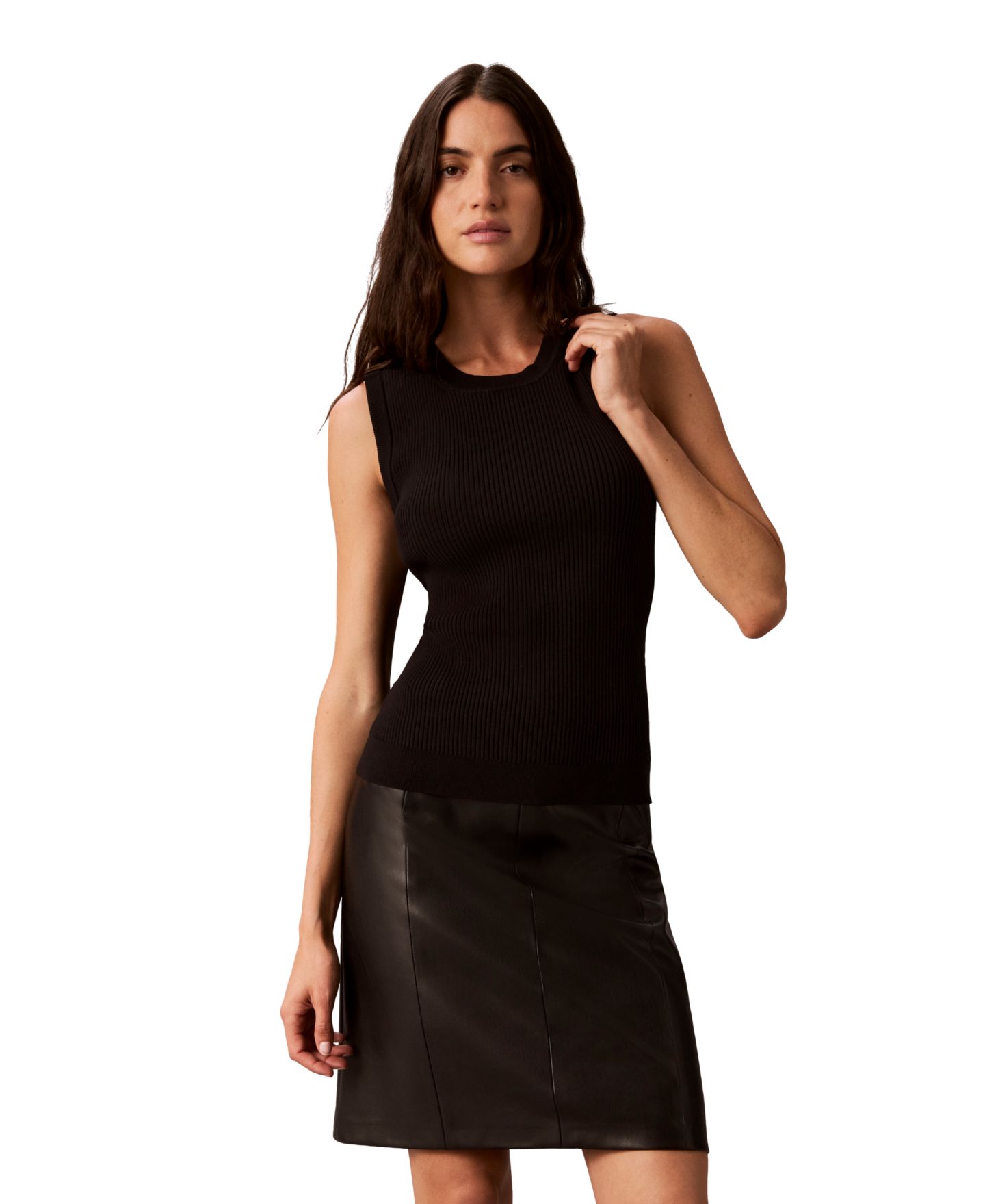 Женский топ Calvin Klein Ribbed Crewneck Sleeveless Tank Top, цвет: Чёрный — фото 1