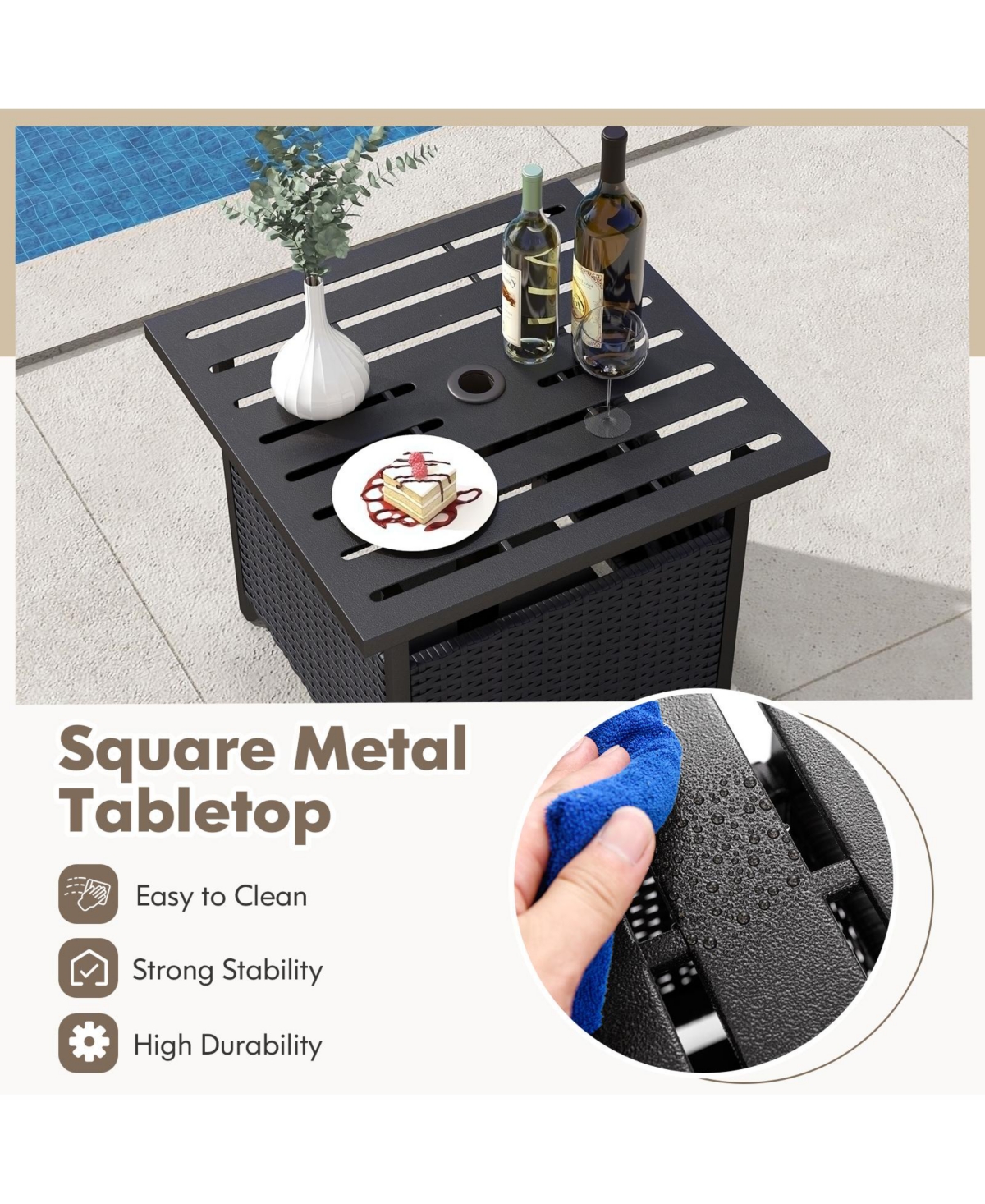 Mecale 22 Steel Slat Side Table with Umbrella Hole and Wicker Storage