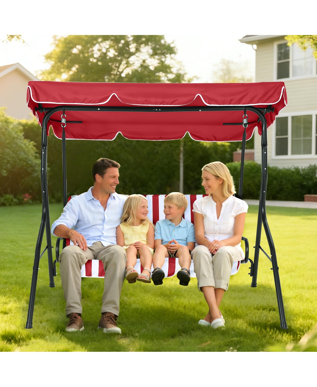 gaomon 3-Seat Outdoor Porch Swing with Adjustable Canopy, Patio Glider Bench with Cushions and Steel Frame for Backyard, Garden and Deck