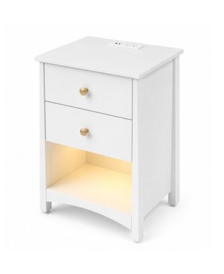 Nightstand with Charging Station, LED Light Strip, 2 Drawers and Open Shelf, Modern Mid-Century Bedside Table for Bedroom or Dorm
