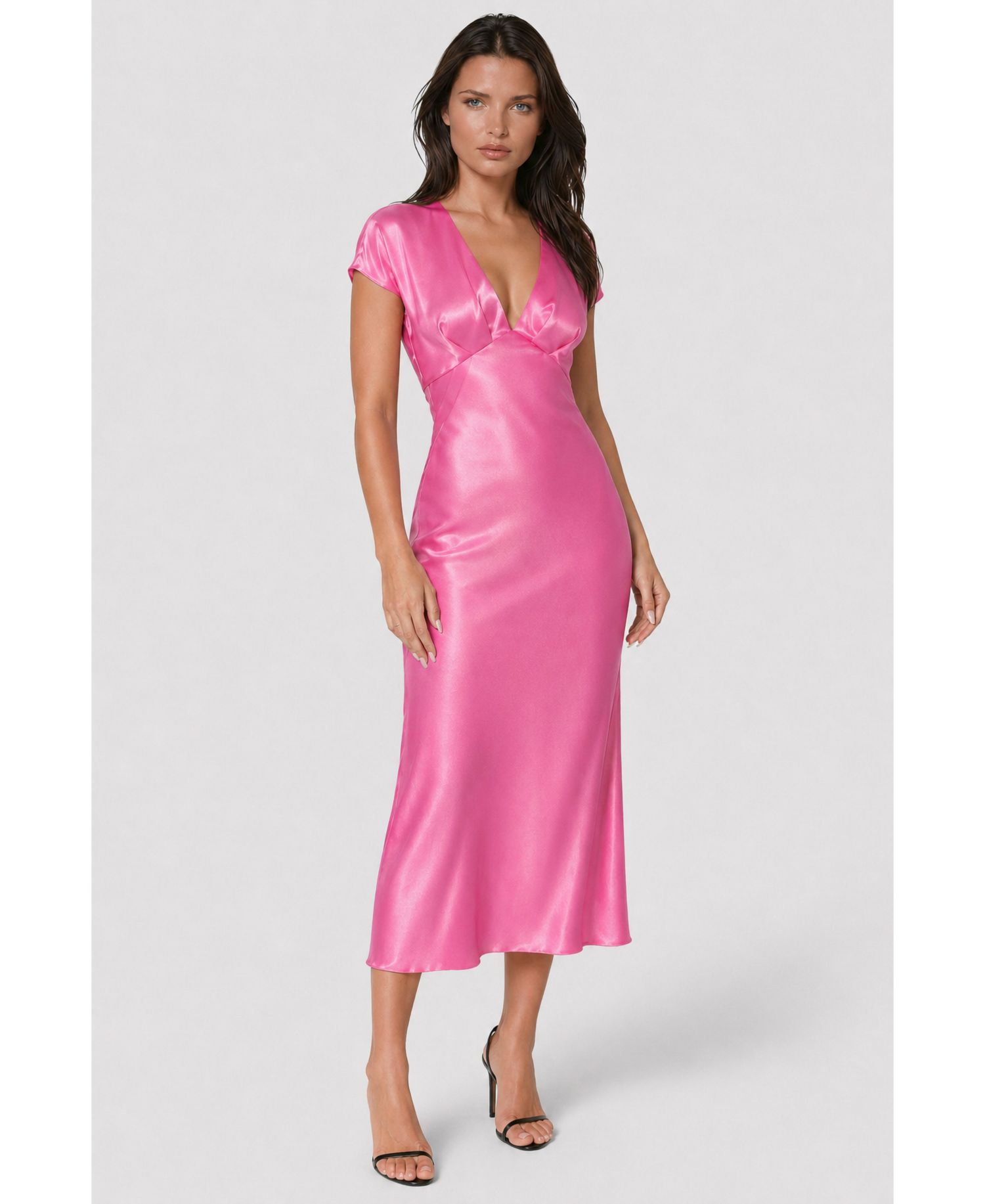 Women's Satin V-Neck Cap-Sleeve Maxi Dress
