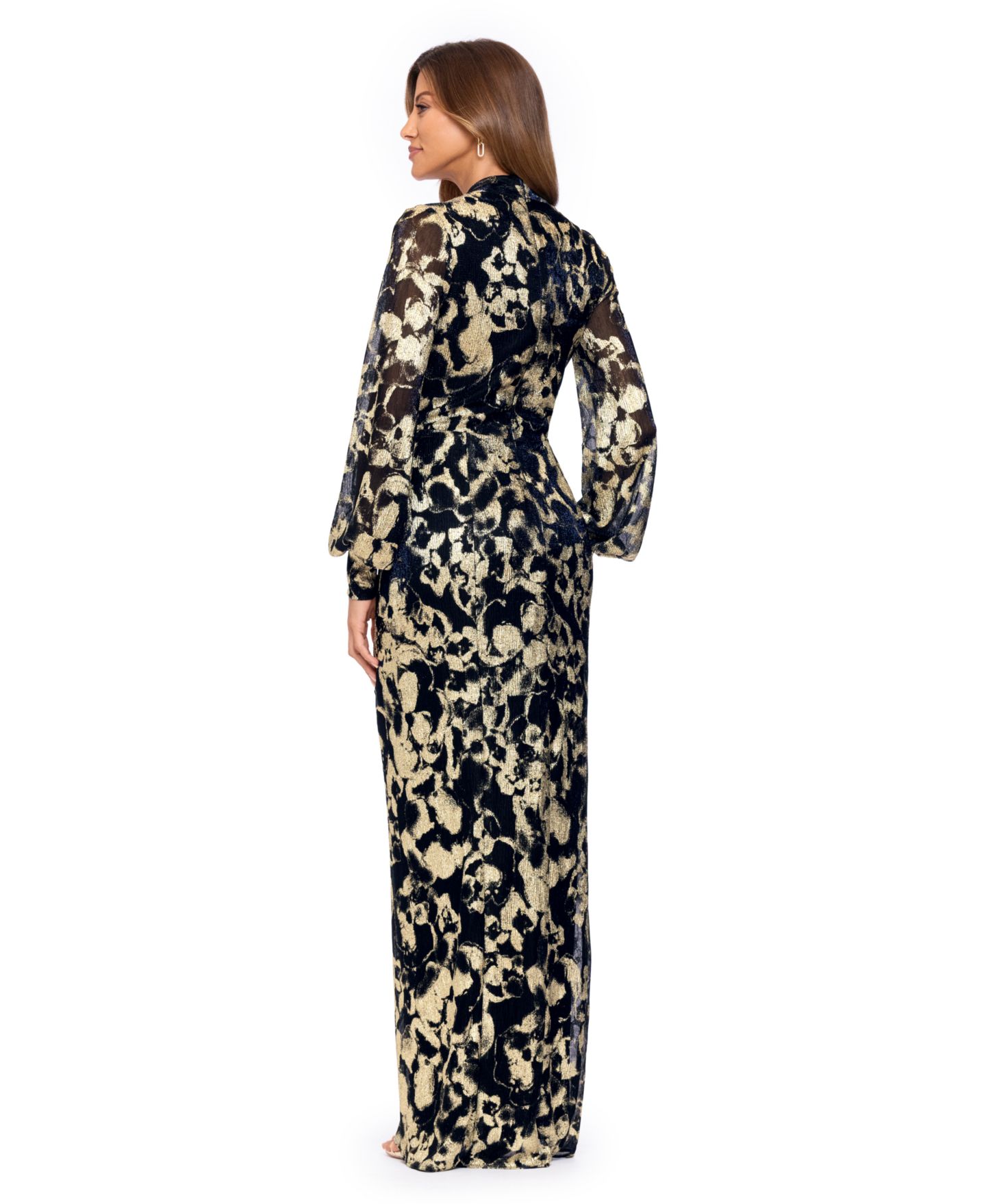 Женские платья Betsy & Adam Floral Long-Sleeve Gown, цвет: Тёмно-синий / Золотой — фото 4