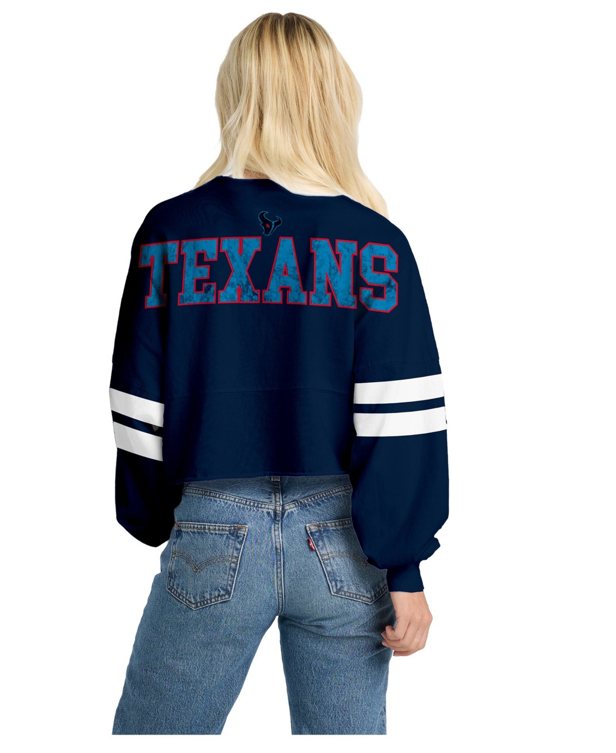 Spirit Jersey Women's Houston Texans Oversized Cropped Stripe Long-Sleeve T-Shirt