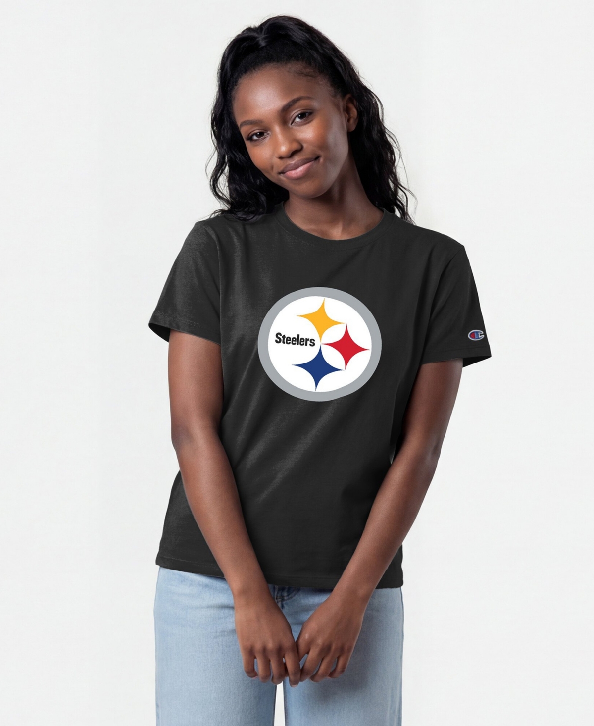 Champion Women's Pittsburgh Steelers Crewneck Screen-Print T-Shirt - Black