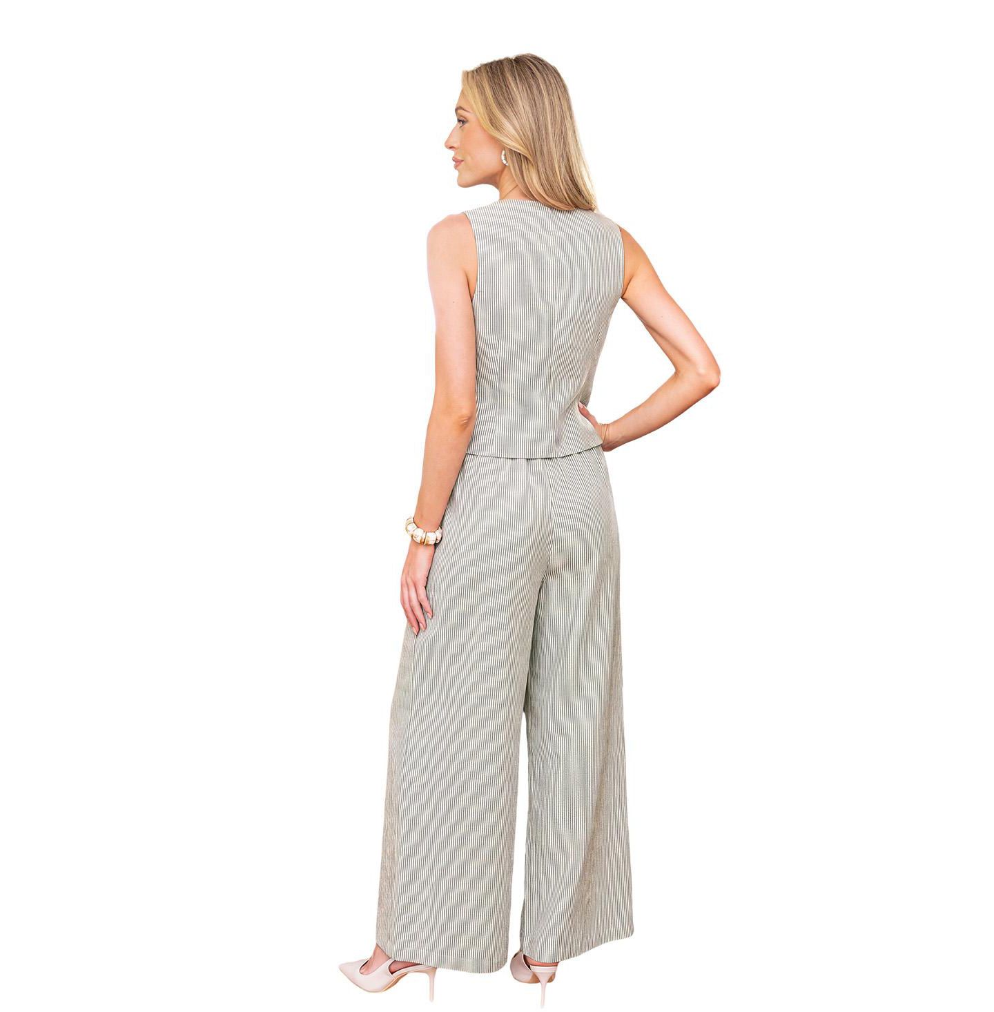 Женский комплект Cupshe Striped V-Neck Vest and Wide-Leg Pants Set, цвет: Серый — фото 3