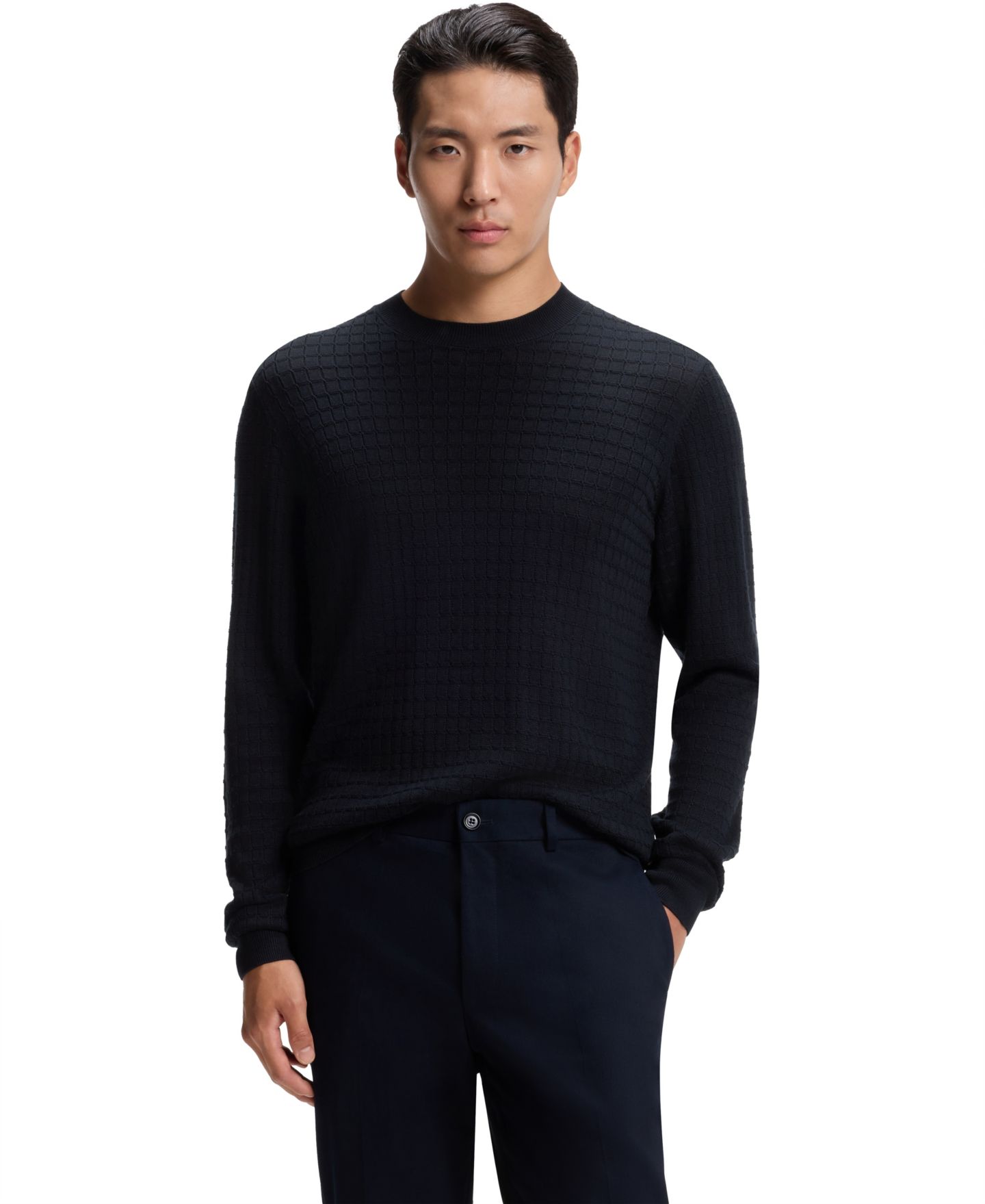 Мужской свитер Hugo Boss L-Fabrizio Patterned Silk Regular-Fit, цвет: Тёмный синий — фото 1